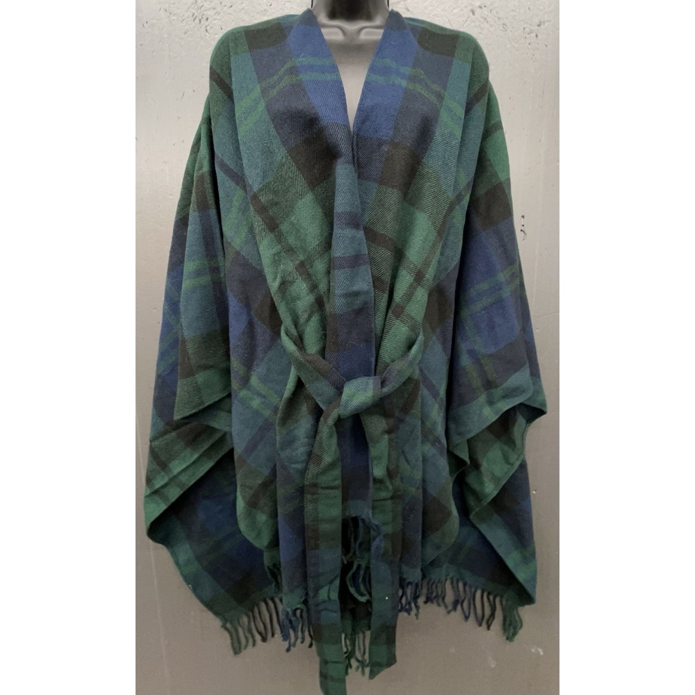 Lands End Cape Wrap Shawl Blue Green Plaid Belt Fringe Lagenlook Cottage Boho